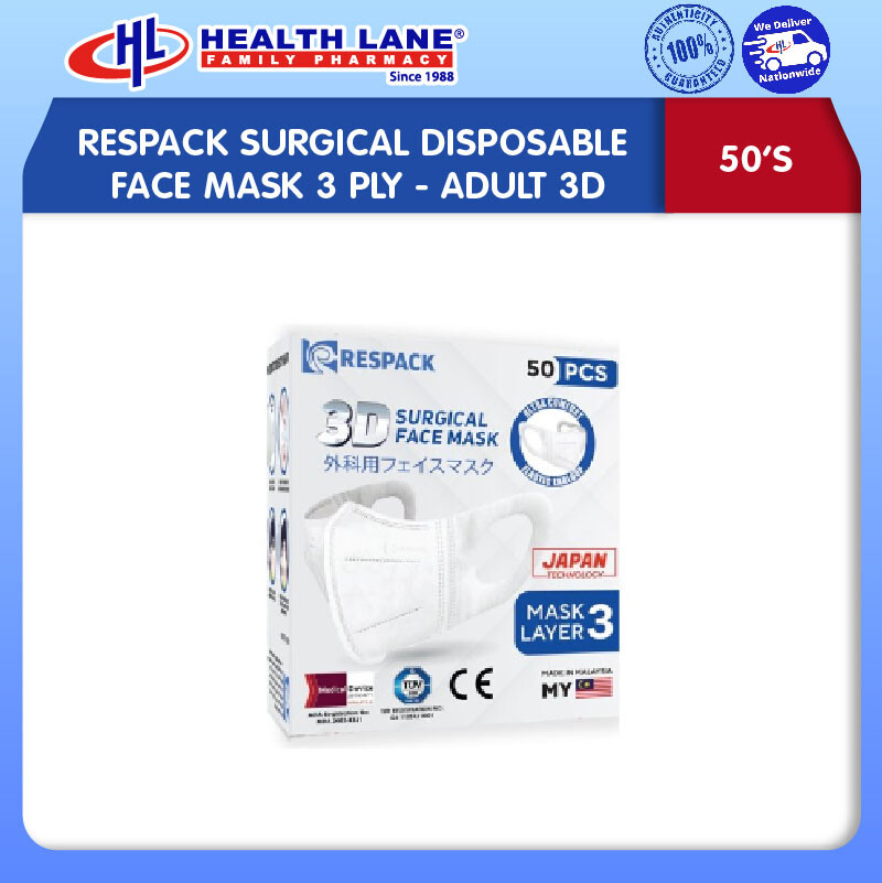 RESPACK SURGICAL  MASK MUKA 3 PLY 50'S- ADULT 3D